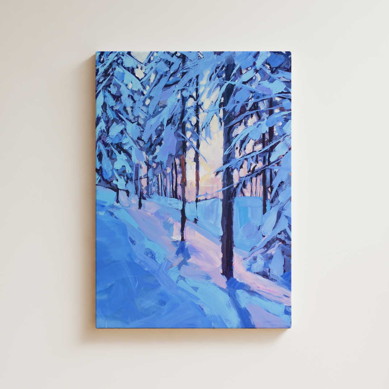 An oil painting titled 'Solstice Morning', depicting a serene winter scene with snow-laden branches and a sun breaking through the trees casting blue shadows on the snow.