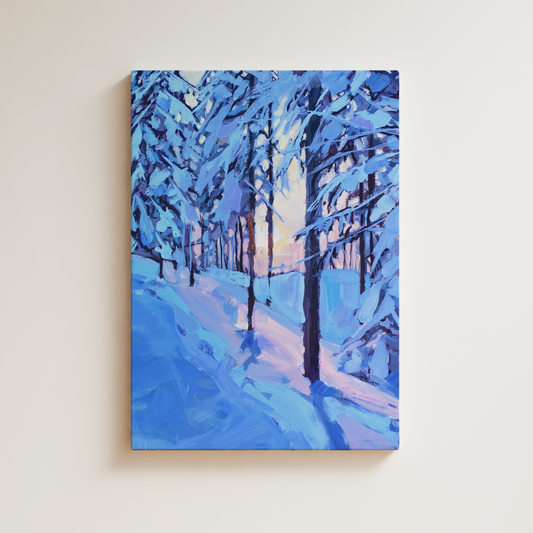 An oil painting titled 'Solstice Morning', depicting a serene winter scene with snow-laden branches and a sun breaking through the trees casting blue shadows on the snow.